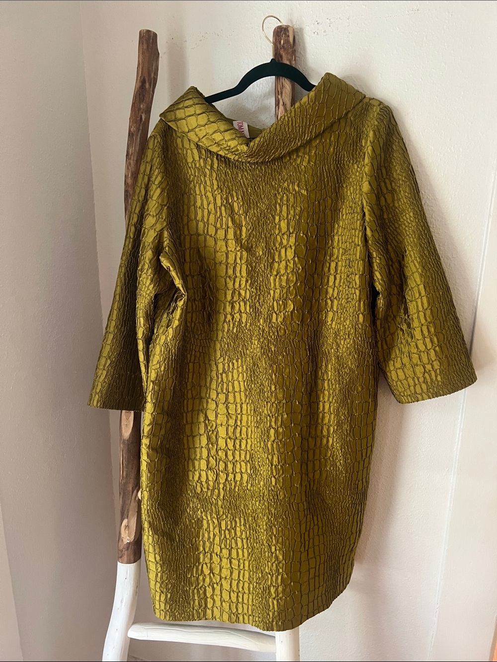 Vintage Designer Tom & Linda Platt Textured Olive Green Midi Dress  Funnel 12
